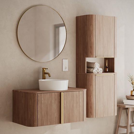 Armoire de salle de bain, colonne Bassa noyer lincoln, poignées dorées, arrondie