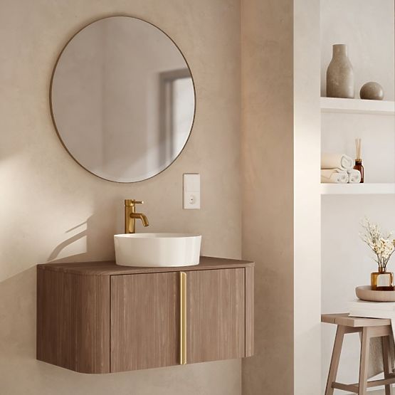 Armoire de salle de bain, colonne Bassa noyer lincoln, poignées dorées, arrondie