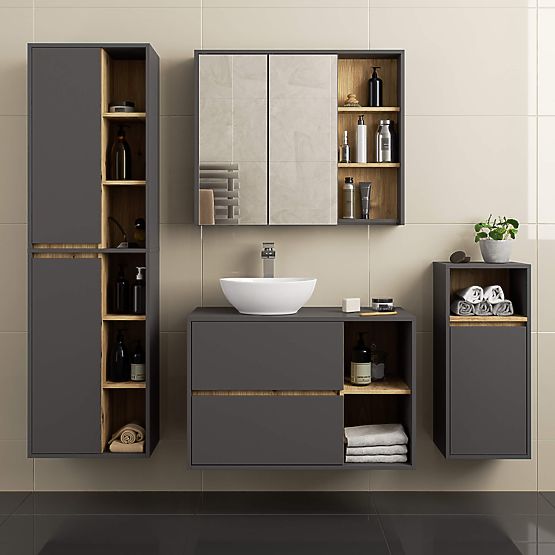 ARMOIRE DE SALLE DE BAIN MURALE VAMI W50 2D 6P GRIS GRAPHITE / CHÊNE ARTISAN