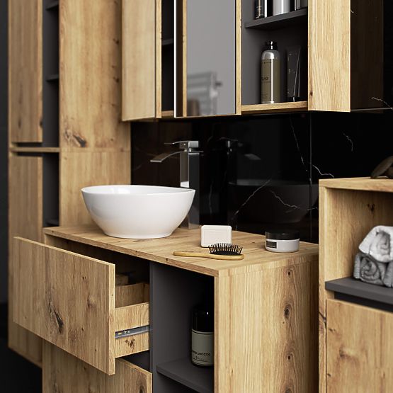 ARMOIRE DE SALLE DE BAIN SOUS LAVABO AVEC TROUS VAMI W90 UM 2SZ 2P CHÊNE ARTISAN / GRIS GRAPHITE