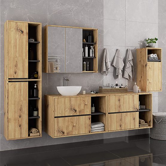 ARMOIRE DE SALLE DE BAIN SOUS LAVABO AVEC TROUS VAMI W90 UM 2SZ 2P CHÊNE ARTISAN / GRIS GRAPHITE