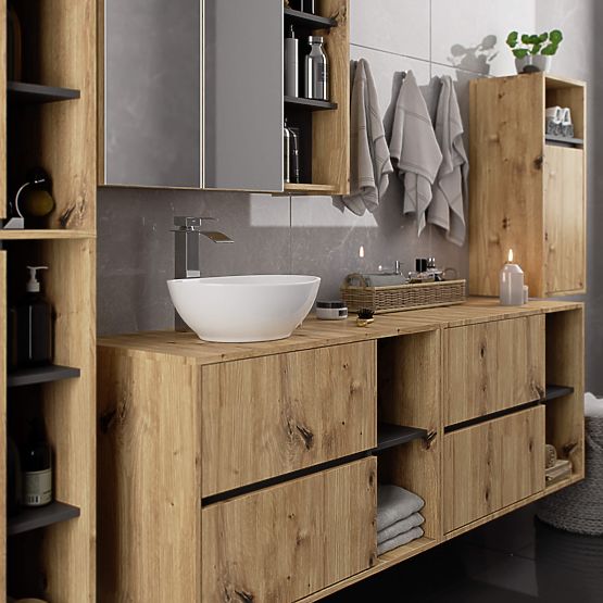 ARMOIRE DE SALLE DE BAIN SOUS LAVABO AVEC TROUS VAMI W90 UM 2SZ 2P CHÊNE ARTISAN / GRIS GRAPHITE