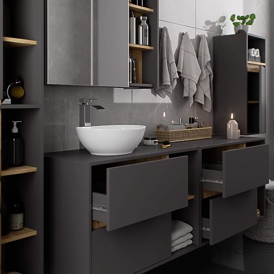 ARMOIRE DE SALLE DE BAIN SOUS LAVABO AVEC TROUS VAMI W90 UM 2SZ 2P GRIS GRAPHITE / CHÊNE ARTISAN