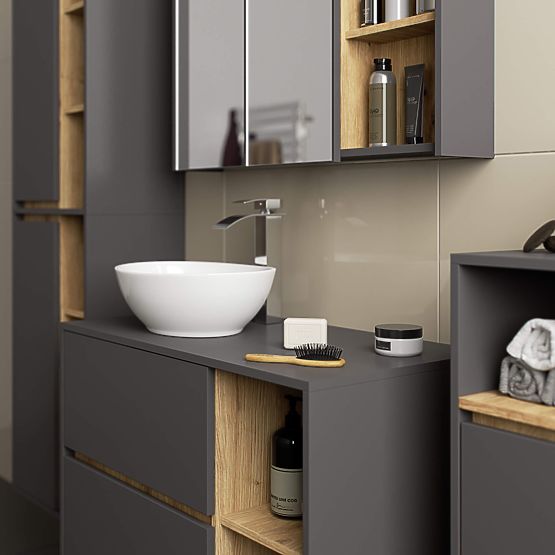 ARMOIRE DE SALLE DE BAIN SOUS LAVABO AVEC TROUS VAMI W90 UM 2SZ 2P GRIS GRAPHITE / CHÊNE ARTISAN