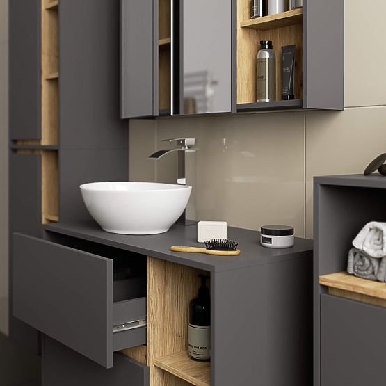 ARMOIRE DE SALLE DE BAIN SOUS LAVABO AVEC TROUS VAMI W90 UM 2SZ 2P GRIS GRAPHITE / CHÊNE ARTISAN