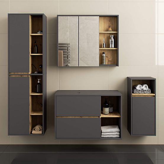 ARMOIRE DE SALLE DE BAIN SOUS LAVABO AVEC TROUS VAMI W90 UM 2SZ 2P GRIS GRAPHITE / CHÊNE ARTISAN