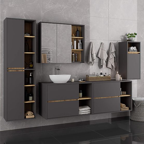ARMOIRE DE SALLE DE BAIN SOUS LAVABO AVEC TROUS VAMI W90 UM 2SZ 2P GRIS GRAPHITE / CHÊNE ARTISAN