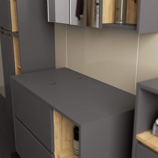 ARMOIRE DE SALLE DE BAIN SOUS LAVABO AVEC TROUS VAMI W90 UM 2SZ 2P GRIS GRAPHITE / CHÊNE ARTISAN