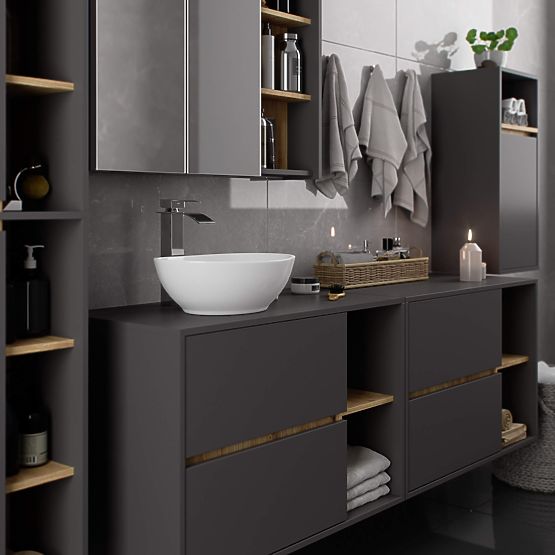 ARMOIRE DE SALLE DE BAIN SOUS LAVABO AVEC TROUS VAMI W90 UM 2SZ 2P GRIS GRAPHITE / CHÊNE ARTISAN