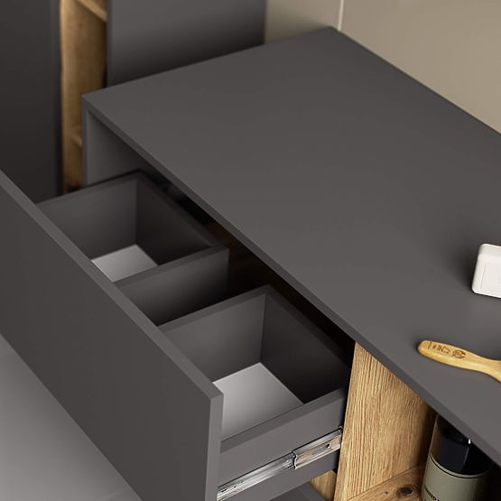 ARMOIRE DE SALLE DE BAIN SOUS LAVABO VAMI W 90 cm 2 TIROIRS GRIS GRAPHITE / CHÊNE ARTISAN