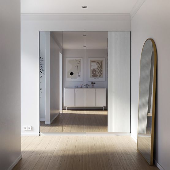 Armoire à quatre portes Neroli, miroir/rainures simples, blanc