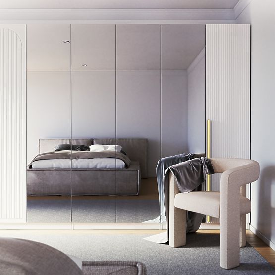 Armoire à quatre portes Neroli, miroir/rainures simples, blanc