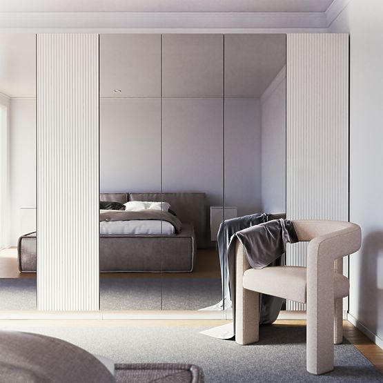 Armoire à quatre portes Neroli, miroir/rainures simples, blanc