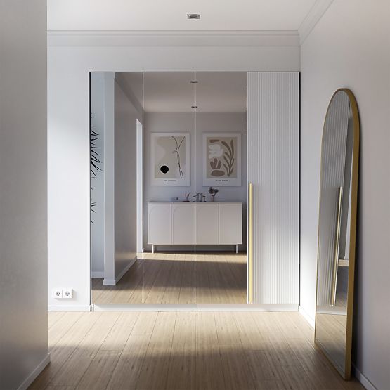 Armoire à quatre portes Neroli, miroir/rainures simples, blanc