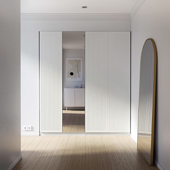 Armoire à quatre portes Neroli, rainures en arc/miroir, blanc