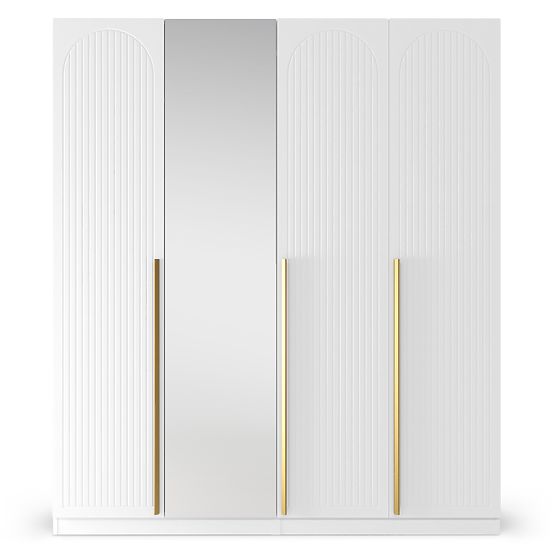 Armoire à quatre portes Neroli, rainures en arc/miroir, blanc