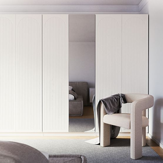 Armoire à quatre portes Neroli, rainures en arc/miroir, blanc