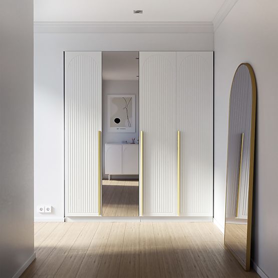 Armoire à quatre portes Neroli, rainures en arc/miroir, blanc