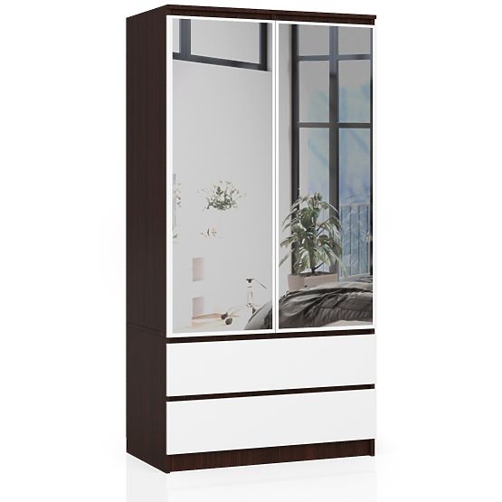 ARMOIRE S 90 cm 2 PORTES 2 TIROIRS 2 MIROIRS PK WENGE / BLANC