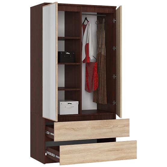 ARMOIRE S 90 cm 2 PORTES 2 TIROIRS 2 MIROIRS PK WENGE / SONOMA