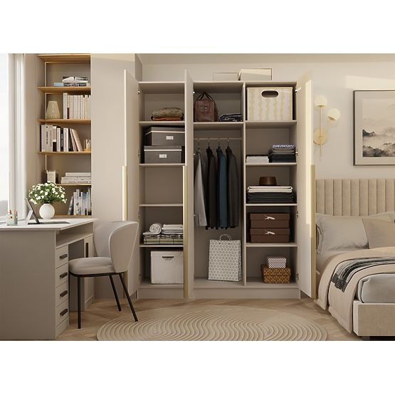 ARMOIRE SENSO 3D 150 CM 3 PORTES POIGNÉES DORÉES POUR SALON CHAMBRE À COUCHER CASHMERE BEIGE