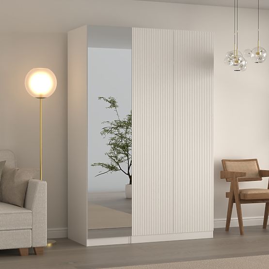 Armoire trois portes Neroli, miroir/rainures simples, blanc