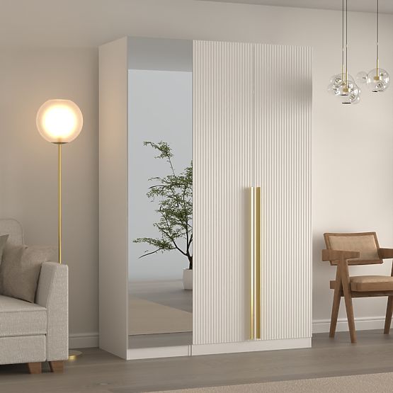 Armoire trois portes Neroli, miroir/rainures simples, blanc