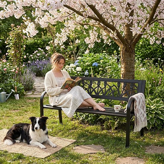 Banc de jardin avec dossier décoratif 120x50 cm en métal noir parc MultiGarden
