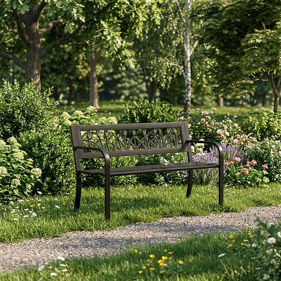 Banc de jardin avec dossier décoratif 120x50 cm en métal noir parc MultiGarden