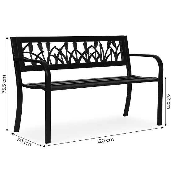 Banc de jardin avec dossier décoratif 120x50 cm en métal noir parc MultiGarden