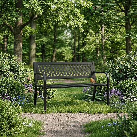 Banc de jardin avec dossier à treillis 120x50 cm en métal noir parc MultiGarden
