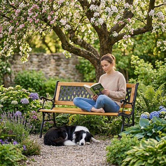 Banc de jardin en bois 126x51 cm avec dossier à treillis et pieds en fonte parc MultiGarden