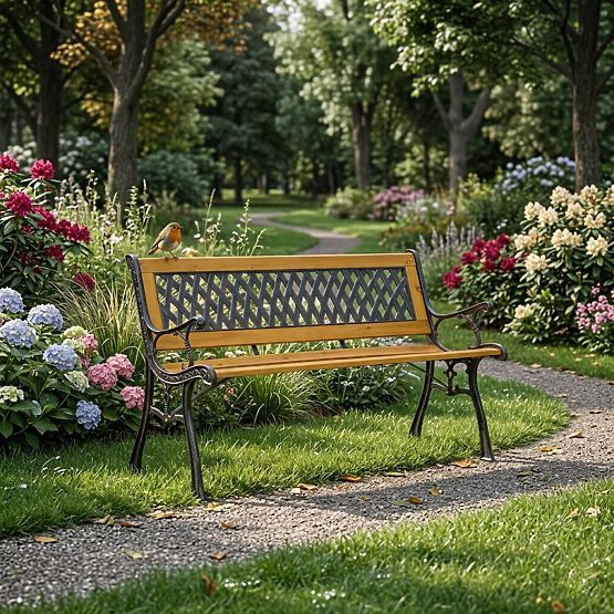 Banc de jardin en bois 126x51 cm avec dossier à treillis et pieds en fonte parc MultiGarden