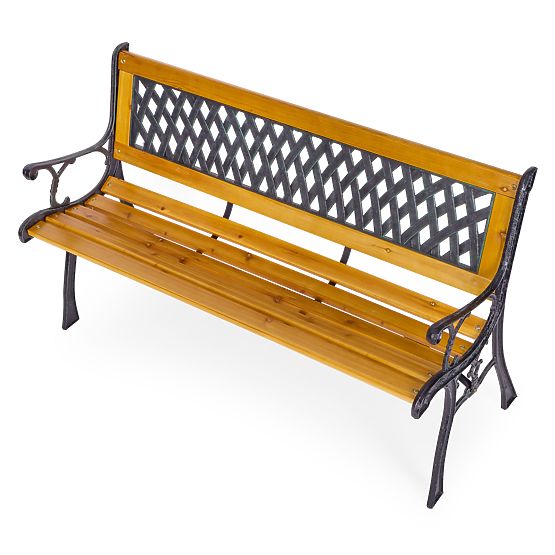Banc de jardin en bois 126x51 cm avec dossier à treillis et pieds en fonte parc MultiGarden