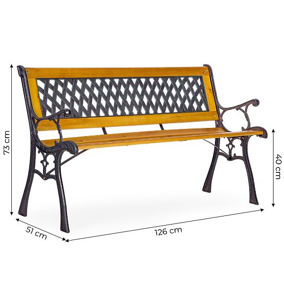 Banc de jardin en bois 126x51 cm avec dossier à treillis et pieds en fonte parc MultiGarden