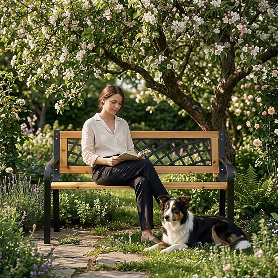 Banc de jardin en bois avec dossier à treillis 118x52 cm parc MultiGarden