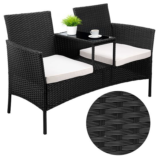 Banc de jardin en résine tressée canapé CORDOBA noir avec coussins beiges
