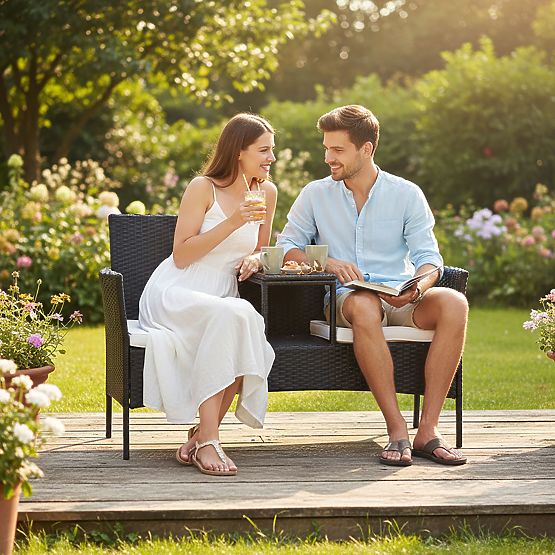 Banc de jardin en résine tressée canapé CORDOBA noir avec coussins beiges