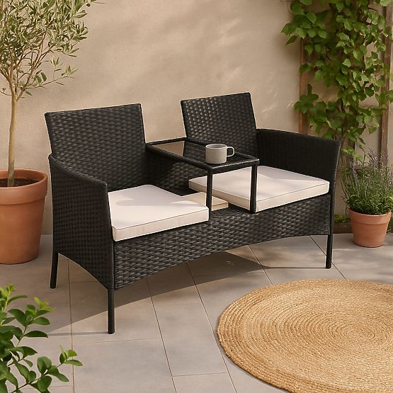 Banc de jardin en résine tressée canapé CORDOBA noir avec coussins beiges