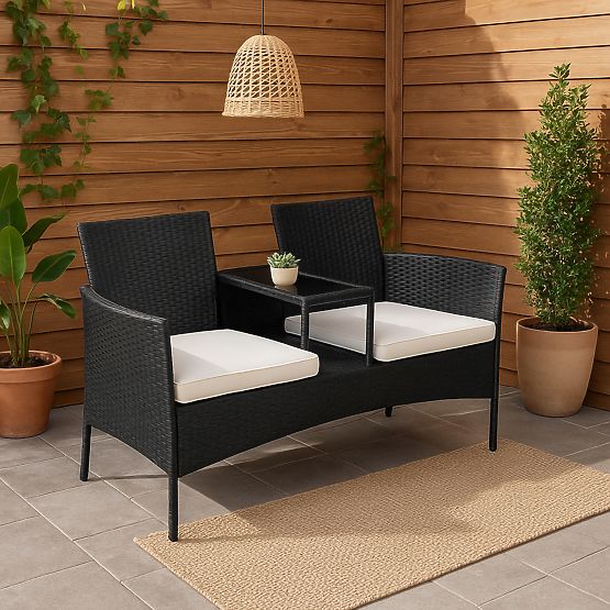 Banc de jardin en résine tressée canapé CORDOBA noir avec coussins beiges