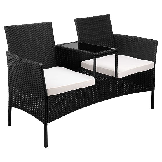 Banc de jardin en résine tressée canapé CORDOBA noir avec coussins beiges