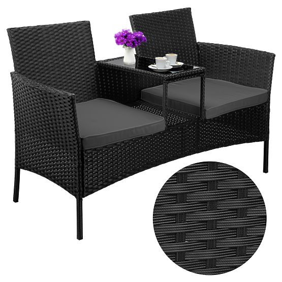 Banc de jardin en résine tressée canapé CORDOBA noir avec coussins gris