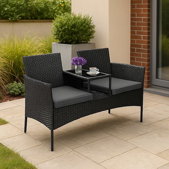 Banc de jardin en résine tressée canapé CORDOBA noir avec coussins gris
