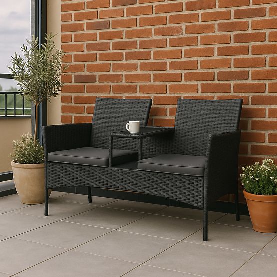Banc de jardin en résine tressée canapé CORDOBA noir avec coussins gris