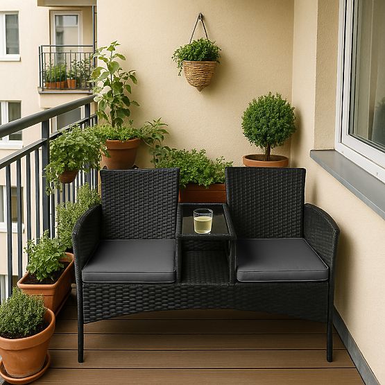 Banc de jardin en résine tressée canapé CORDOBA noir avec coussins gris