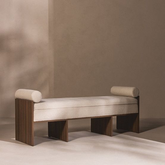 Banc rembourré Loppo beige clair, bouclé, Noyer Wisconsin