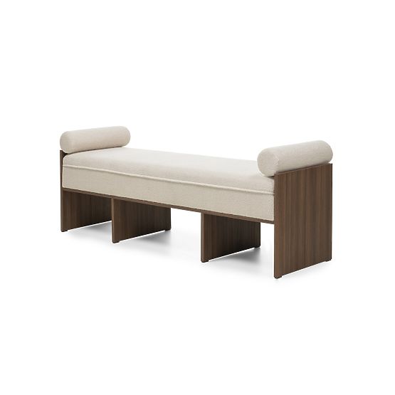 Banc rembourré Loppo beige clair, bouclé, Noyer Wisconsin