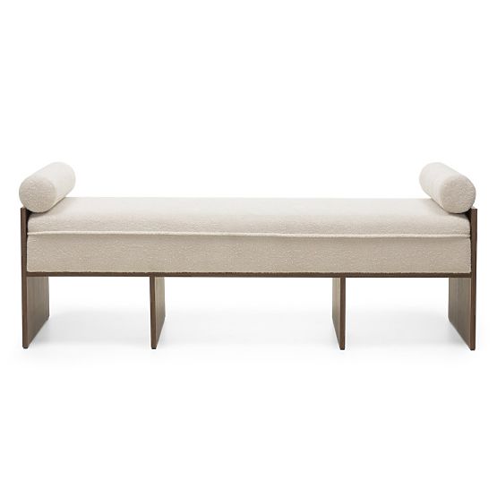 Banc rembourré Loppo beige clair, bouclé, Noyer Wisconsin
