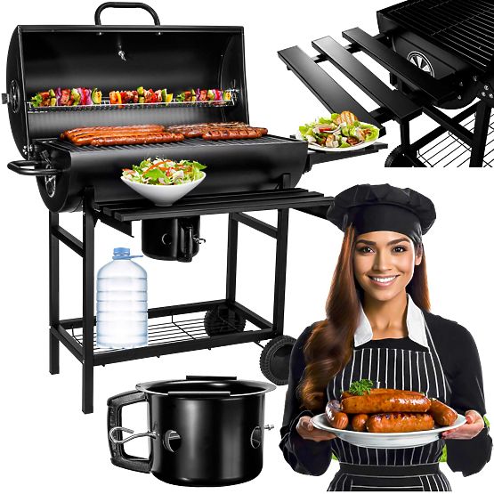 Barbecue à charbon de jardin en tonneau avec 2 grilles et tiroir à cendres