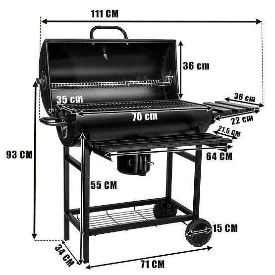 Barbecue à charbon de jardin en tonneau avec 2 grilles et tiroir à cendres